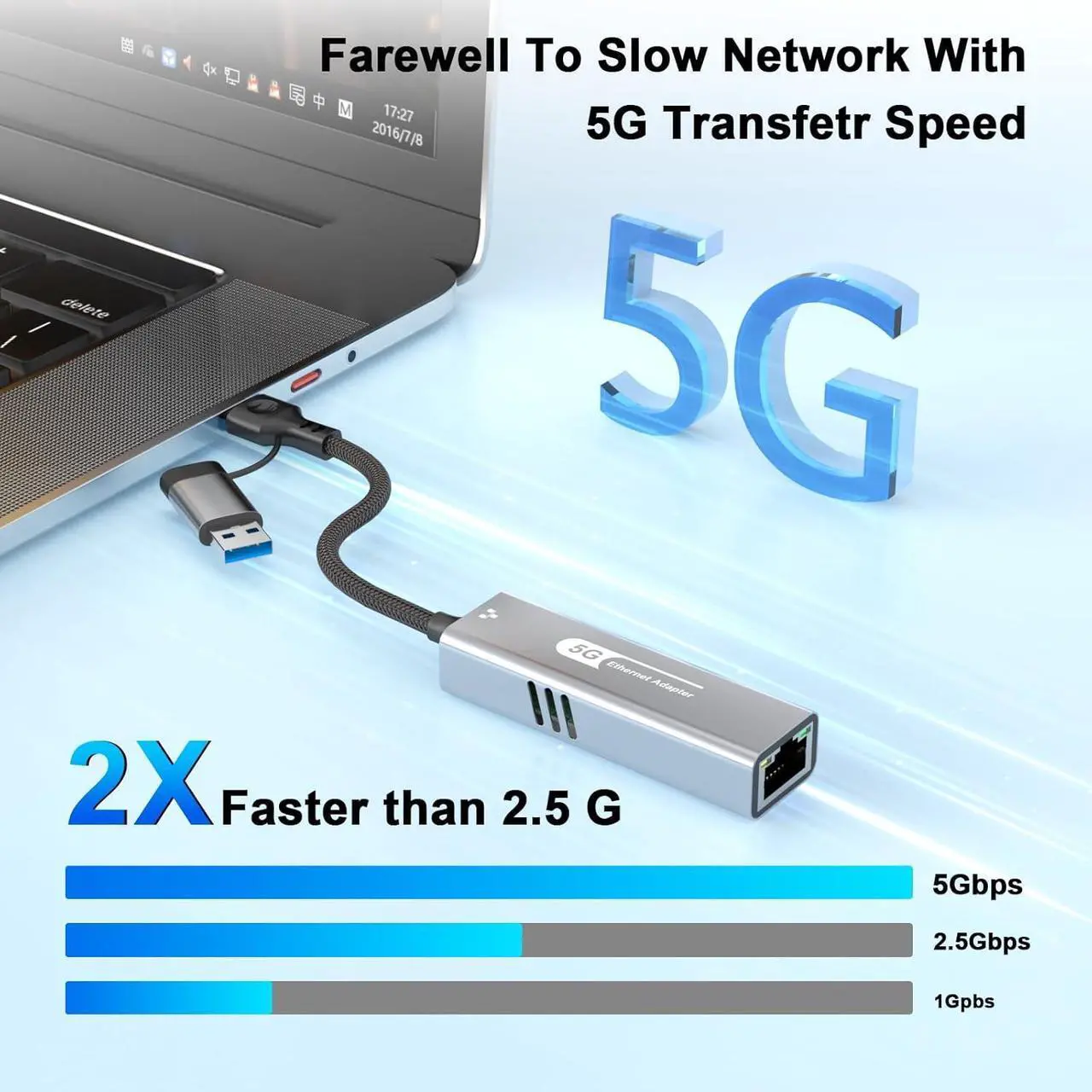 Alt view image 3 of 7 - Hitoor USB C to Ethernet Adapter 5Gbps, 2-in-1 USB to 5Gbps Ethernet Cable, 5000Mbps Type C to RJ45 Network LAN Internet Converter, Aluminum Case Compatible for i-Phone 16 15 Pro Max, MacBook Pro/Air