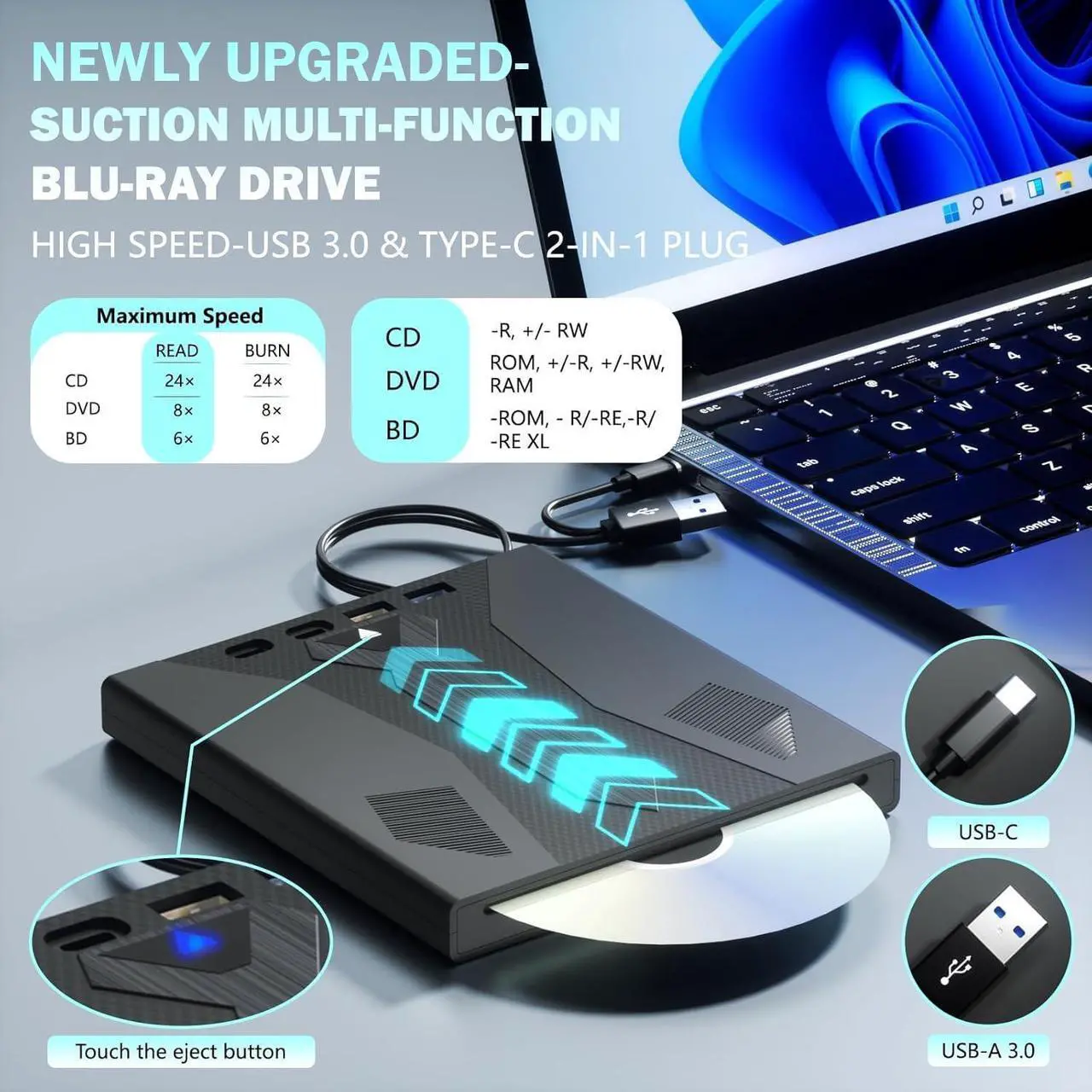 Alt view image 2 of 7 - Hitoor [7 in 1] External Blu Ray Drive, Support 100G Disc USB 3.0 and Type-C Blu Ray Burner Portable Blu Ray DVD/CD/BD Player, 3D Optical Bluray DVD Drive Compatible with Laptop Desktop Windows MacOS