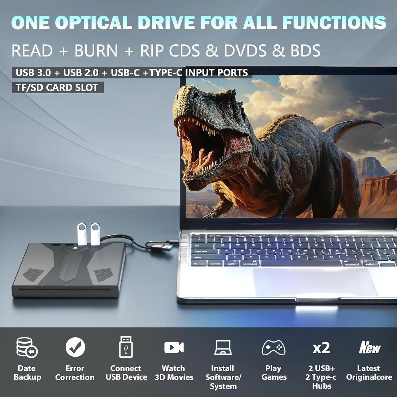 Alt view image 6 of 7 - Hitoor [7 in 1] External Blu Ray Drive, Support 100G Disc USB 3.0 and Type-C Blu Ray Burner Portable Blu Ray DVD/CD/BD Player, 3D Optical Bluray DVD Drive Compatible with Laptop Desktop Windows MacOS