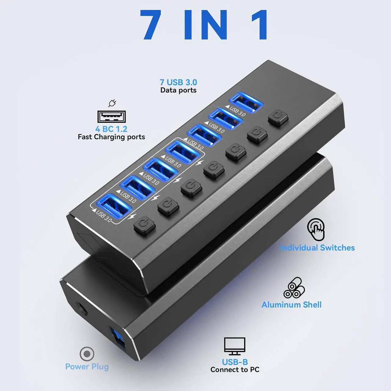 Alt view image 2 of 7 - Hitoor Powered USB Hub 3.0, 7-Port USB 3.0 Hub [Durable Aluminum] 7 Data Transfer Ports+ 4 Smart Charging Ports with Individual On/Off Switches, USB Hub 3.0 Powered with Power Adapter for Laptop PC