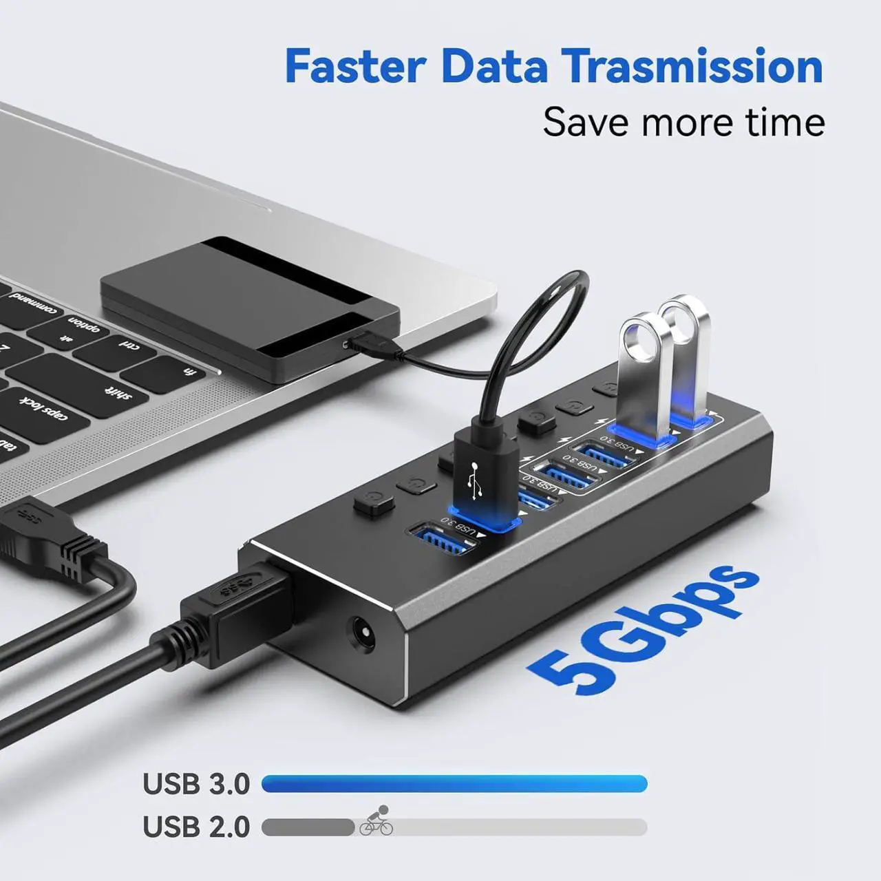 Alt view image 4 of 7 - Hitoor Powered USB Hub 3.0, 7-Port USB 3.0 Hub [Durable Aluminum] 7 Data Transfer Ports+ 4 Smart Charging Ports with Individual On/Off Switches, USB Hub 3.0 Powered with Power Adapter for Laptop PC