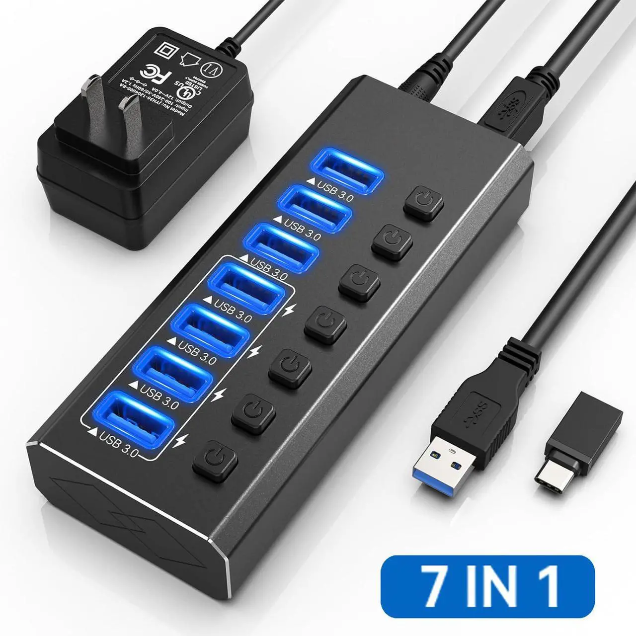 Main image of Hitoor Powered USB Hub 3.0, 7-Port USB 3.0 Hub [Durable Aluminum] 7 Data Transfer Ports+ 4 Smart Charging Ports with Individual On/Off Switches, USB Hub 3.0 Powered with Power Adapter for Laptop PC