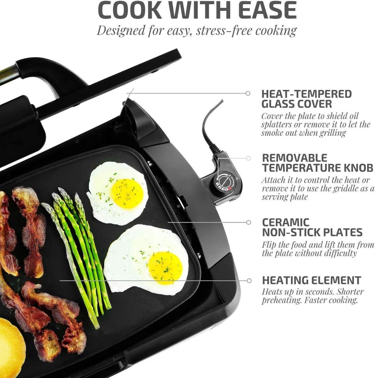 Alt view image 2 of 7 - Ovente 2 in 1 Electric Countertop Powerful Contact Grill with Glass Lid & Nonstick Ceramic Grill & Griddle Plate, Portable Stainless Steel BBQ Grill with Removable Drip Tray Easy Clean, Black GR2001B