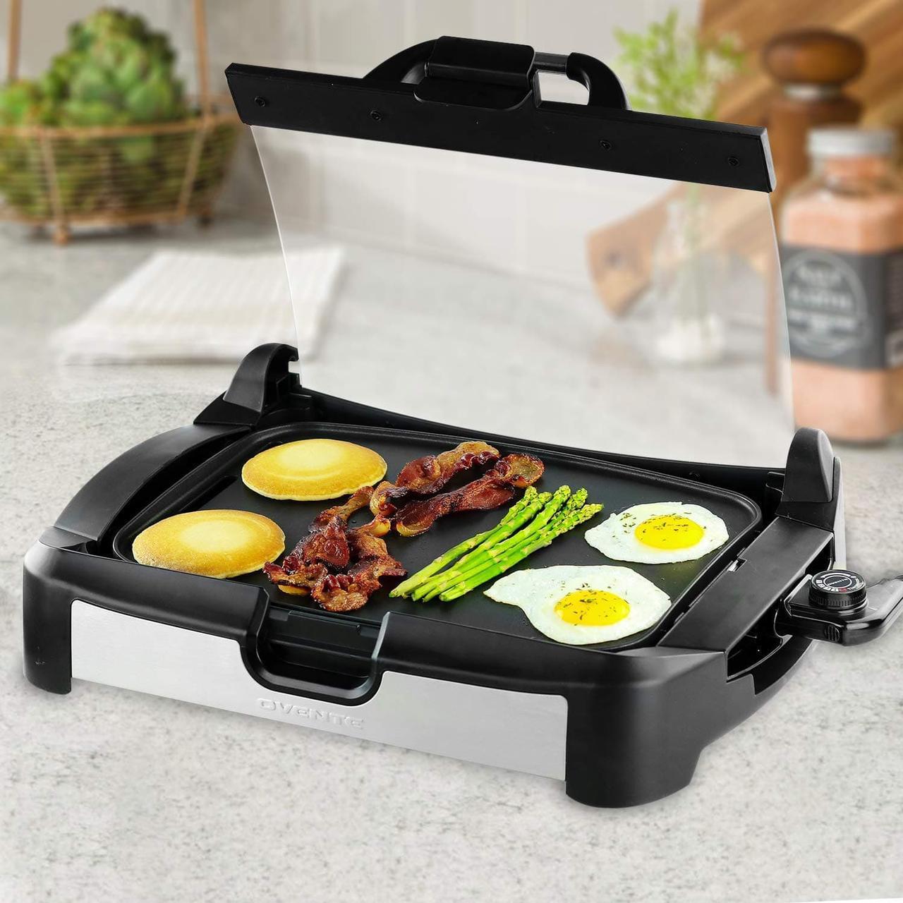 Alt view image 4 of 7 - Ovente 2 in 1 Electric Countertop Powerful Contact Grill with Glass Lid & Nonstick Ceramic Grill & Griddle Plate, Portable Stainless Steel BBQ Grill with Removable Drip Tray Easy Clean, Black GR2001B
