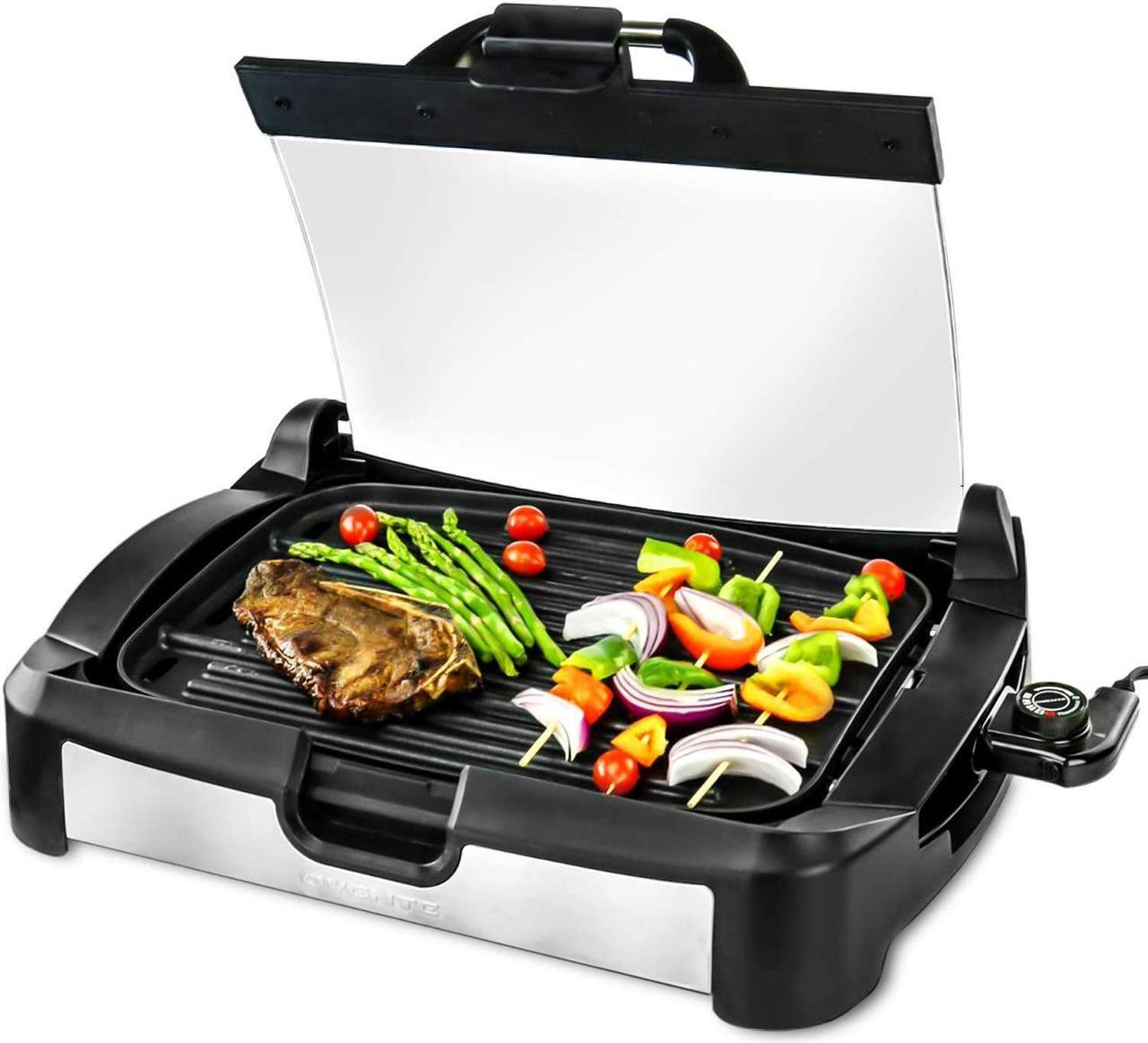 Main image of Ovente 2 in 1 Electric Countertop Powerful Contact Grill with Glass Lid & Nonstick Ceramic Grill & Griddle Plate, Portable Stainless Steel BBQ Grill with Removable Drip Tray Easy Clean, Black GR2001B