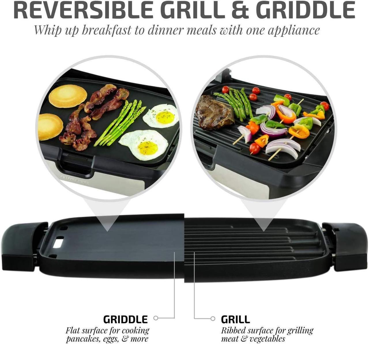 Alt view image 6 of 7 - Ovente 2 in 1 Electric Countertop Powerful Contact Grill with Glass Lid & Nonstick Ceramic Grill & Griddle Plate, Portable Stainless Steel BBQ Grill with Removable Drip Tray Easy Clean, Black GR2001B