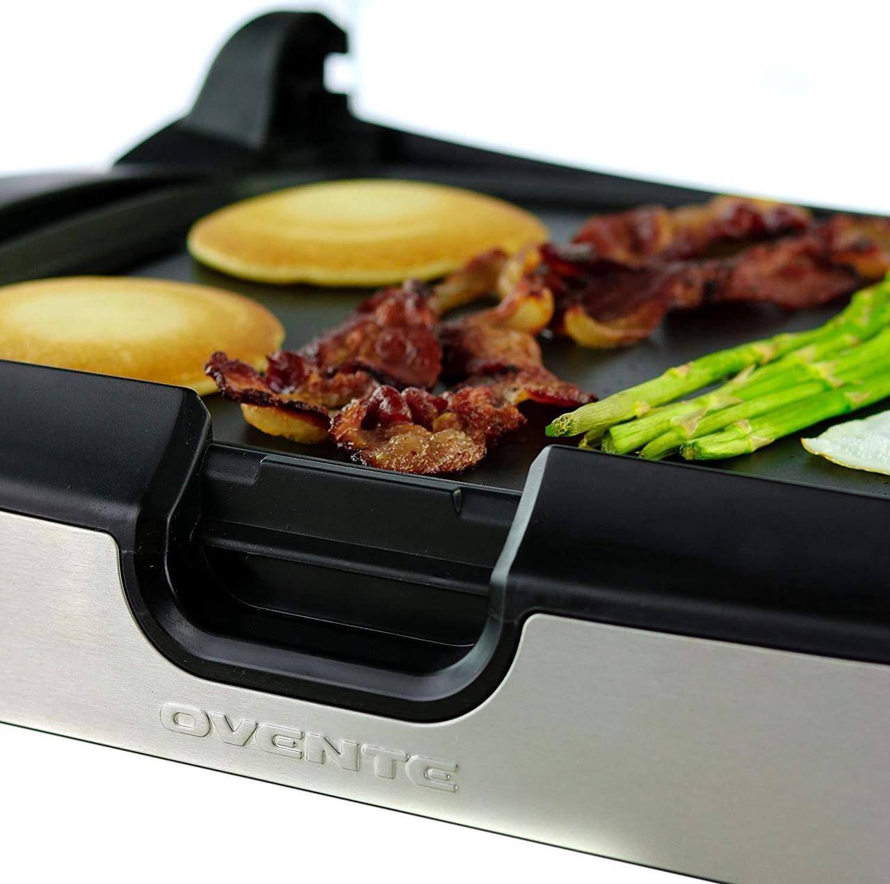 Alt view image 5 of 7 - Ovente 2 in 1 Electric Countertop Powerful Contact Grill with Glass Lid & Nonstick Ceramic Grill & Griddle Plate, Portable Stainless Steel BBQ Grill with Removable Drip Tray Easy Clean, Black GR2001B