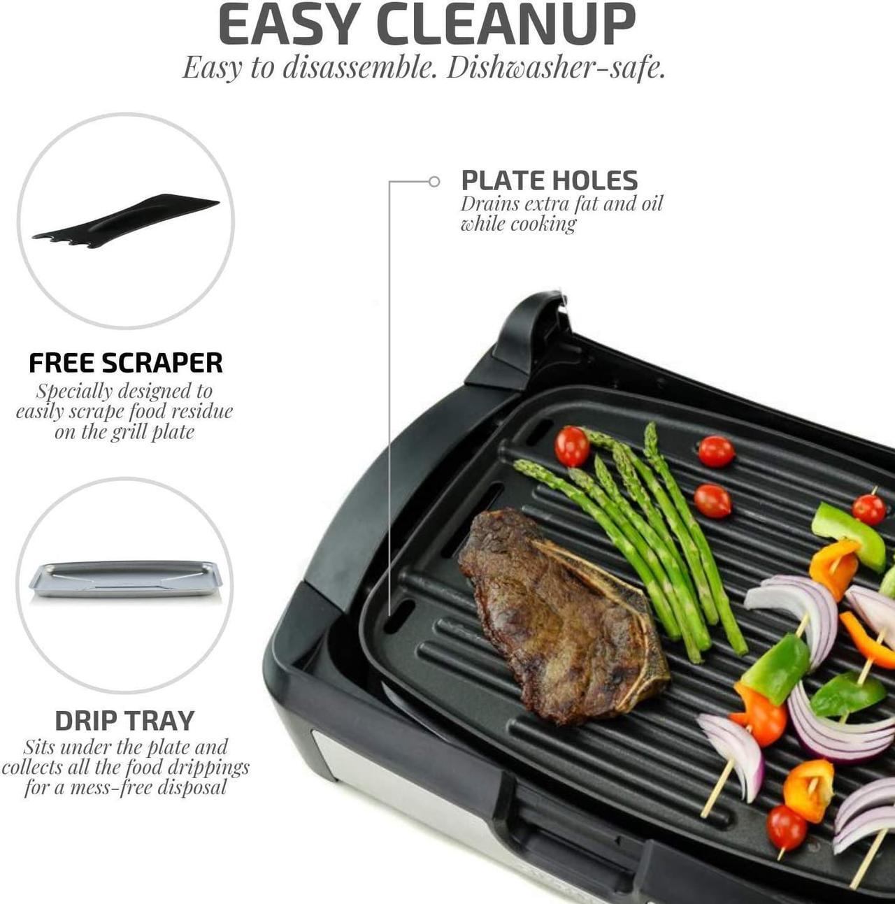 Alt view image 3 of 7 - Ovente 2 in 1 Electric Countertop Powerful Contact Grill with Glass Lid & Nonstick Ceramic Grill & Griddle Plate, Portable Stainless Steel BBQ Grill with Removable Drip Tray Easy Clean, Black GR2001B