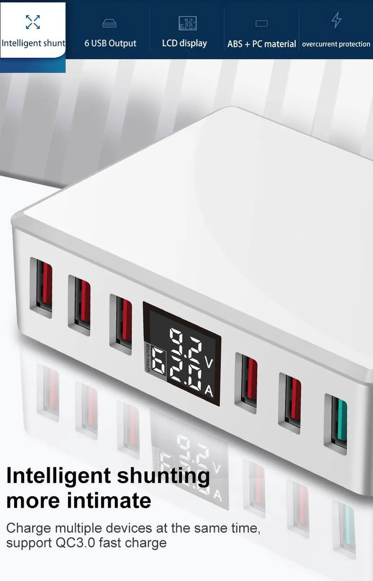 Alt view image 4 of 7 - MULTI QC3.0 Fast USB Charger,SIROKA QC3.0 USB Port 6-Port Intelligent USB desktop charger station hub with LED Display,compatible with IOS&Android Devices,White