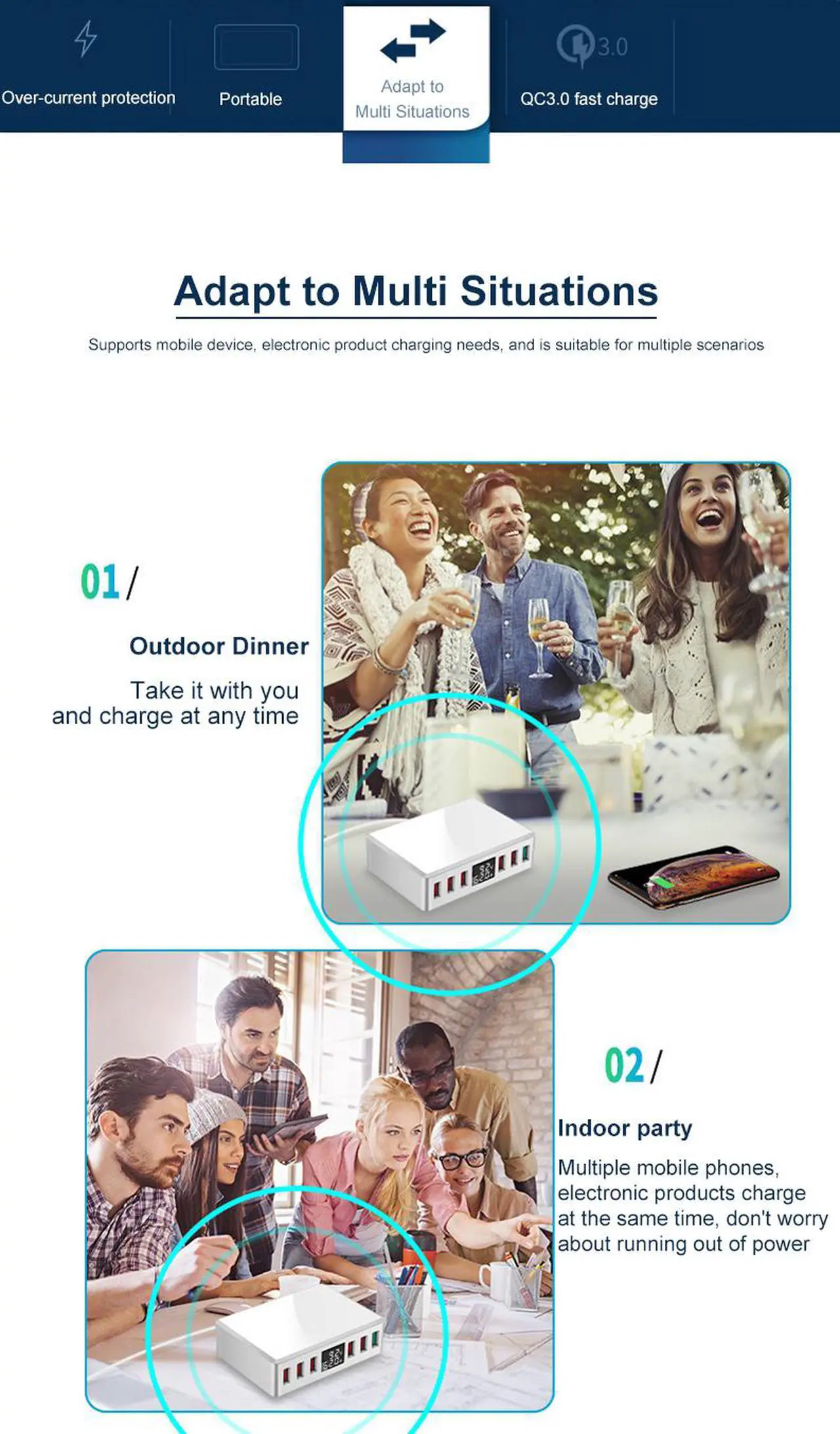 Alt view image 6 of 7 - MULTI QC3.0 Fast USB Charger,SIROKA QC3.0 USB Port 6-Port Intelligent USB desktop charger station hub with LED Display,compatible with IOS&Android Devices,White