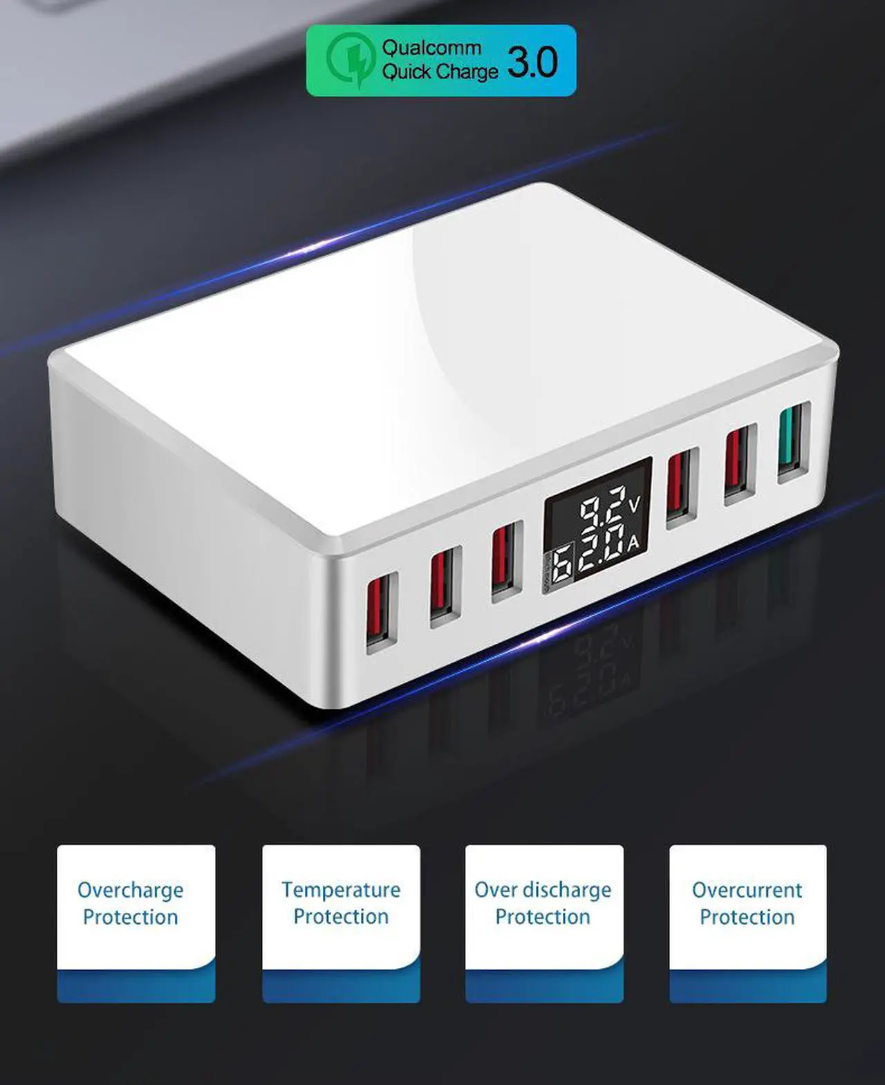 Main image of MULTI QC3.0 Fast USB Charger,SIROKA QC3.0 USB Port 6-Port Intelligent USB desktop charger station hub with LED Display,compatible with IOS&Android Devices,White