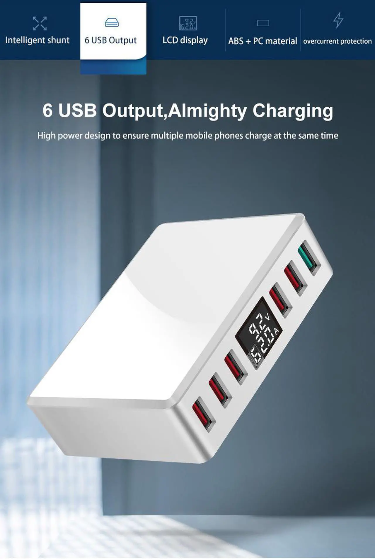 Alt view image 3 of 7 - MULTI QC3.0 Fast USB Charger,SIROKA QC3.0 USB Port 6-Port Intelligent USB desktop charger station hub with LED Display,compatible with IOS&Android Devices,White