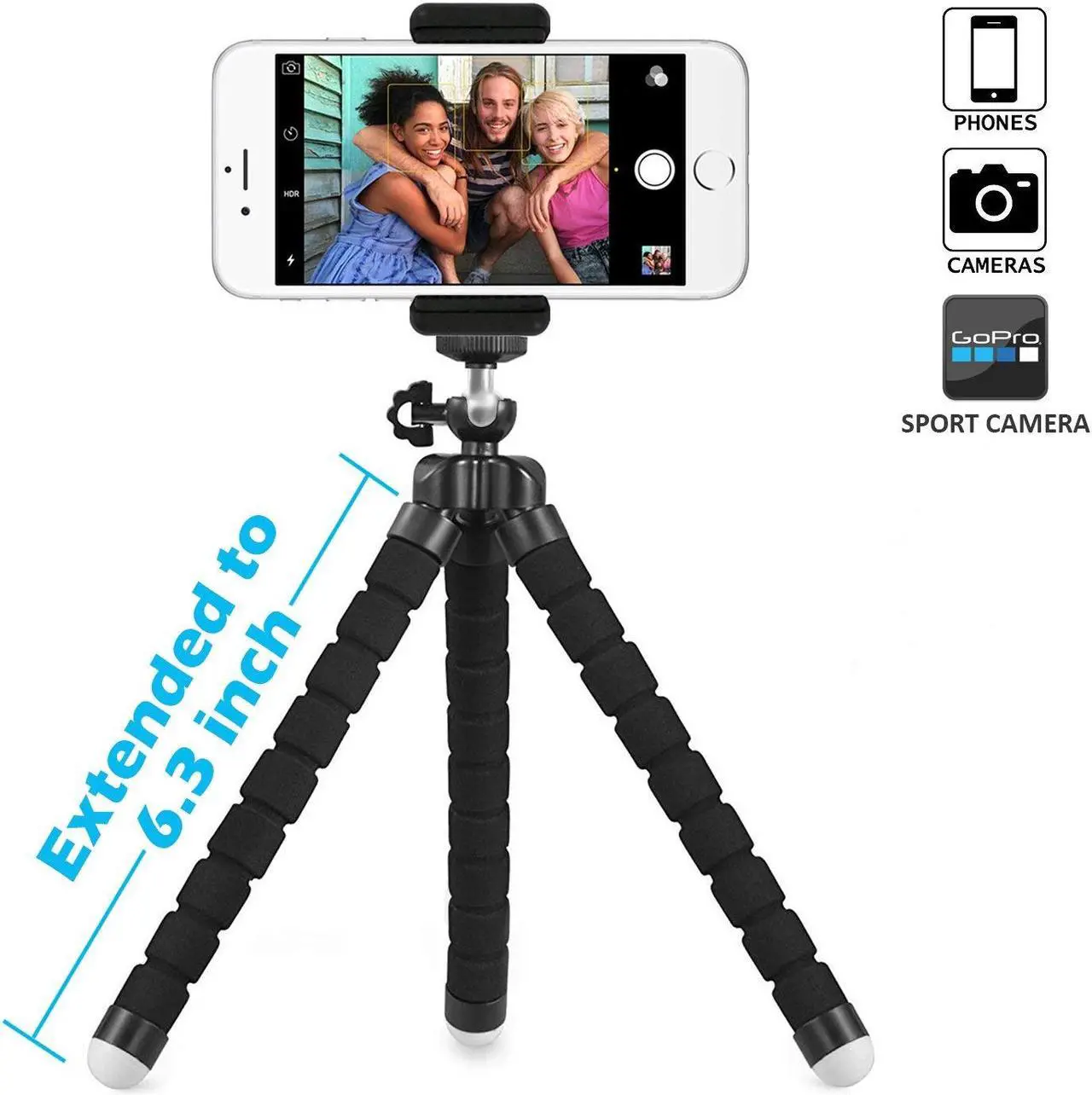 Alt view image 6 of 6 - Flexible Tripod for iPhone, Android, GoPro, Compatible with All Cell Phones and Action Cameras with Universal Clip