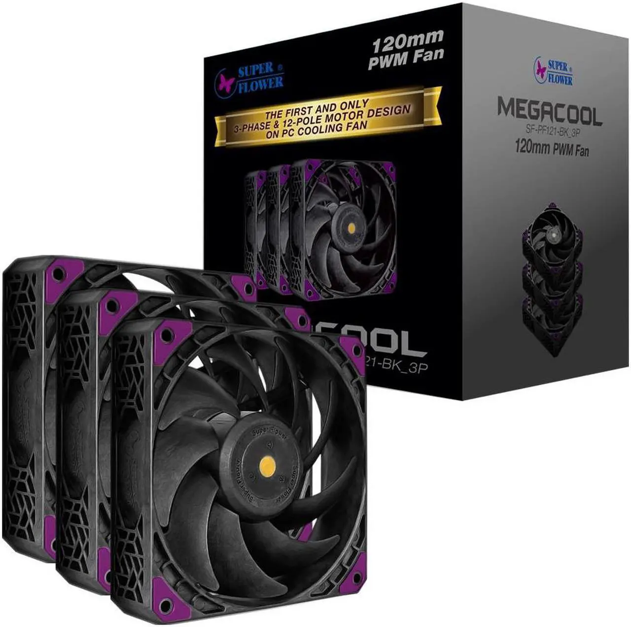 Alt view image 3 of 6 - Super Flower, MEGACOOL 120mm fan, Triple-Pack, 12-pole motor design, super cooling performance, PWM, Purple Anti-Vibration Mounting Pads, Computer Case Fan, Remote Control, SF-PF121-BK_3P, 30mm depth