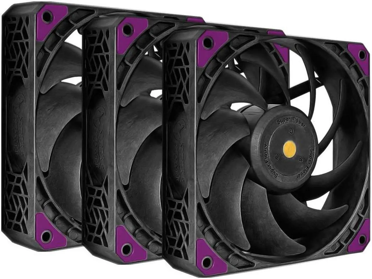 Main image of Super Flower, MEGACOOL 120mm fan, Triple-Pack, 12-pole motor design, super cooling performance, PWM, Purple Anti-Vibration Mounting Pads, Computer Case Fan, Remote Control, SF-PF121-BK_3P, 30mm depth
