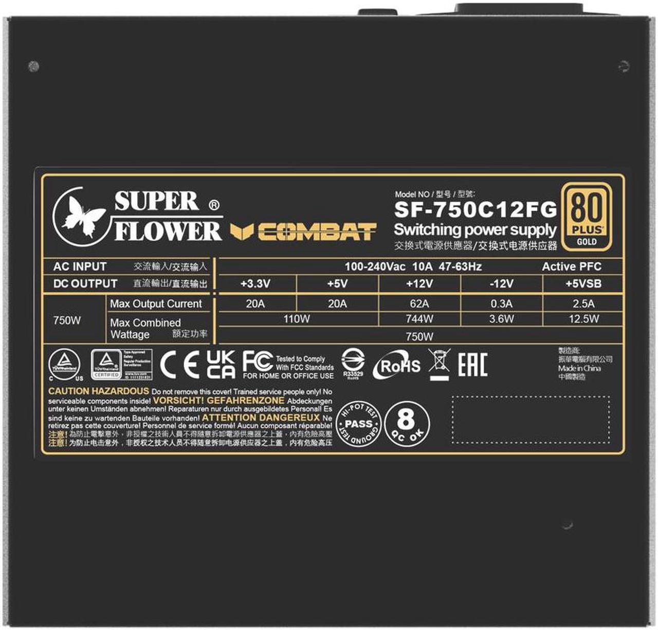 Alt view image 6 of 6 - Super Flower Combat FG 750W 80+ Gold, Full Modular, ATX 3.1 / PCIe 5.0, W/12V-2x6 Cable (2x8pin - 16pin native cables) , Power Supply, FDB Fan, SF-750C12FG, Black version