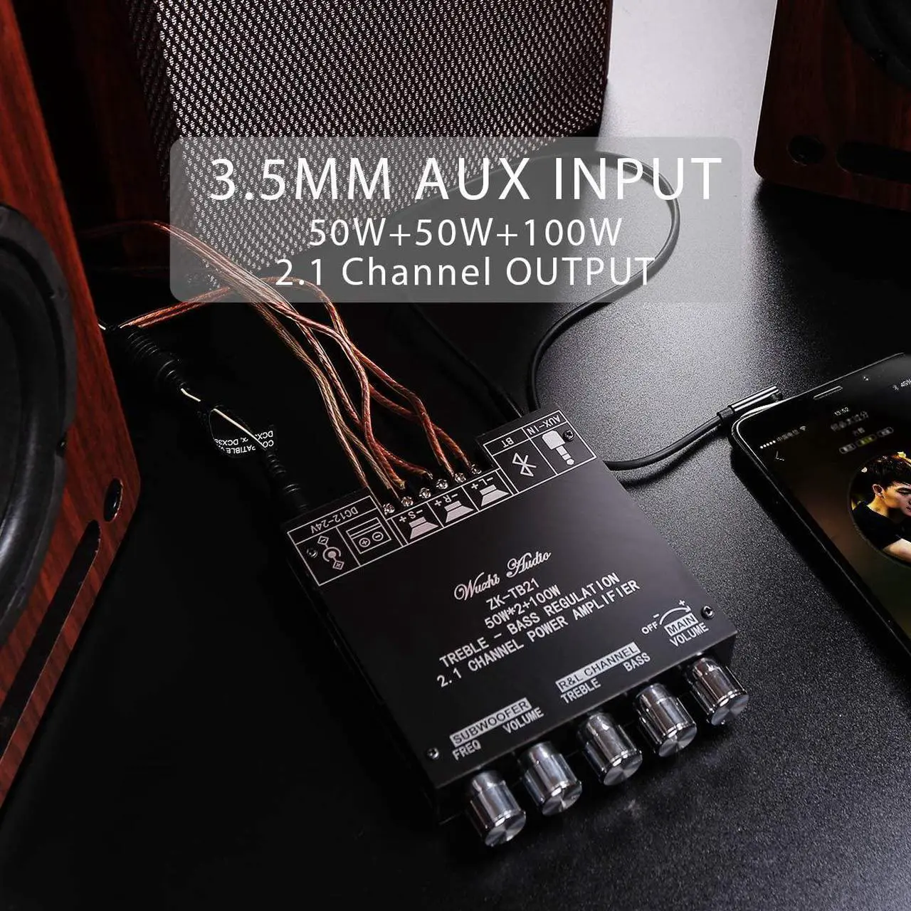 Alt view image 6 of 7 - 50W+50W+100W 2.1 Channel Subwoofer Amplifier Board with Treble and Bass Control, Dual TPA3116 Chip, DC 12-24V, Bluetooth and AUX Inputs, DIY Wireless Speakers AMP Board, Password Free