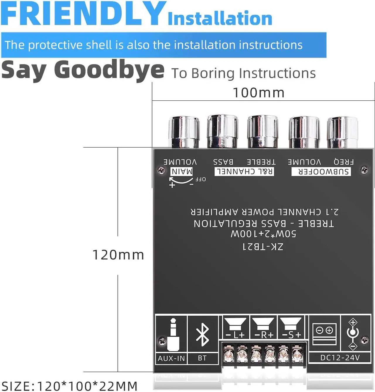 Alt view image 4 of 7 - 50W+50W+100W 2.1 Channel Subwoofer Amplifier Board with Treble and Bass Control, Dual TPA3116 Chip, DC 12-24V, Bluetooth and AUX Inputs, DIY Wireless Speakers AMP Board, Password Free
