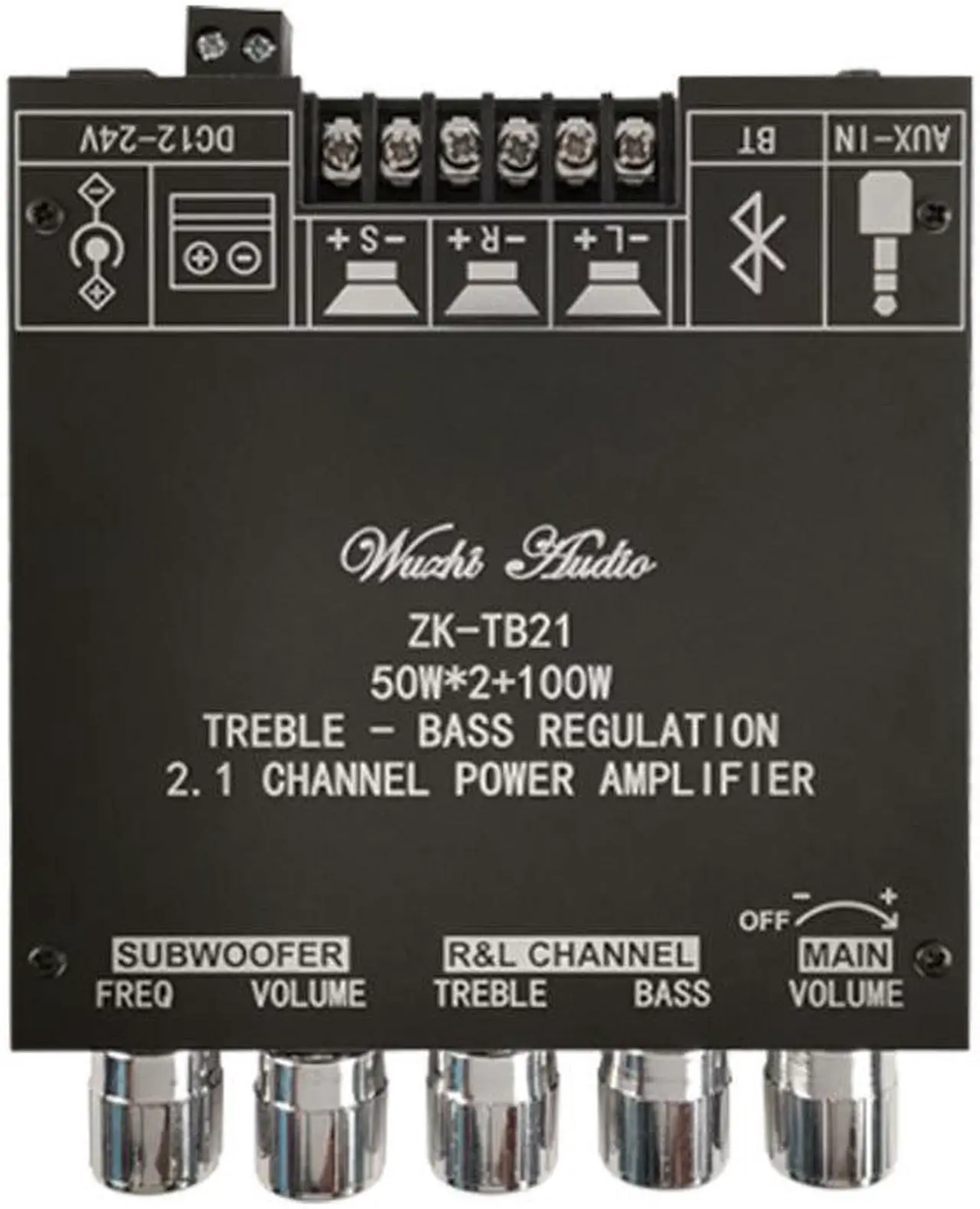 Main image of 50W+50W+100W 2.1 Channel Subwoofer Amplifier Board with Treble and Bass Control, Dual TPA3116 Chip, DC 12-24V, Bluetooth and AUX Inputs, DIY Wireless Speakers AMP Board, Password Free