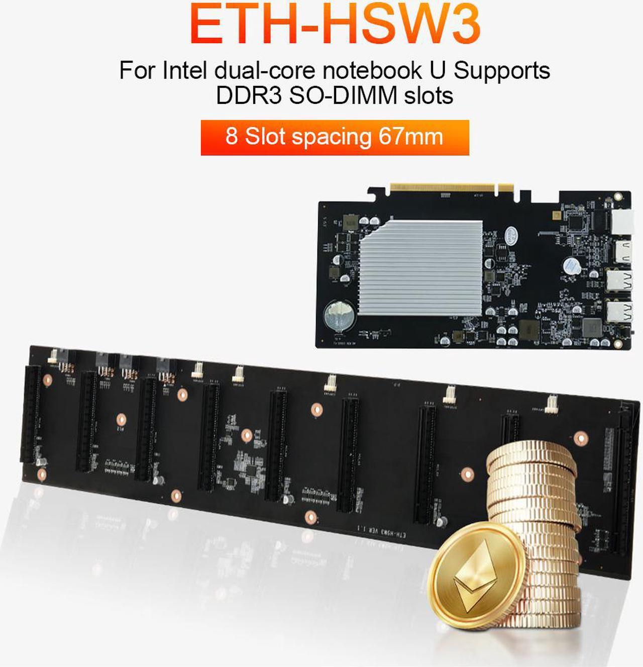 Main image of ETH-HSW3 Mining Machine Motherboard 8 Card 67mm Spacing DDR3 Memory CPU 4*USB2.0 Interface Mainboard For Dual Core Laptop Miner