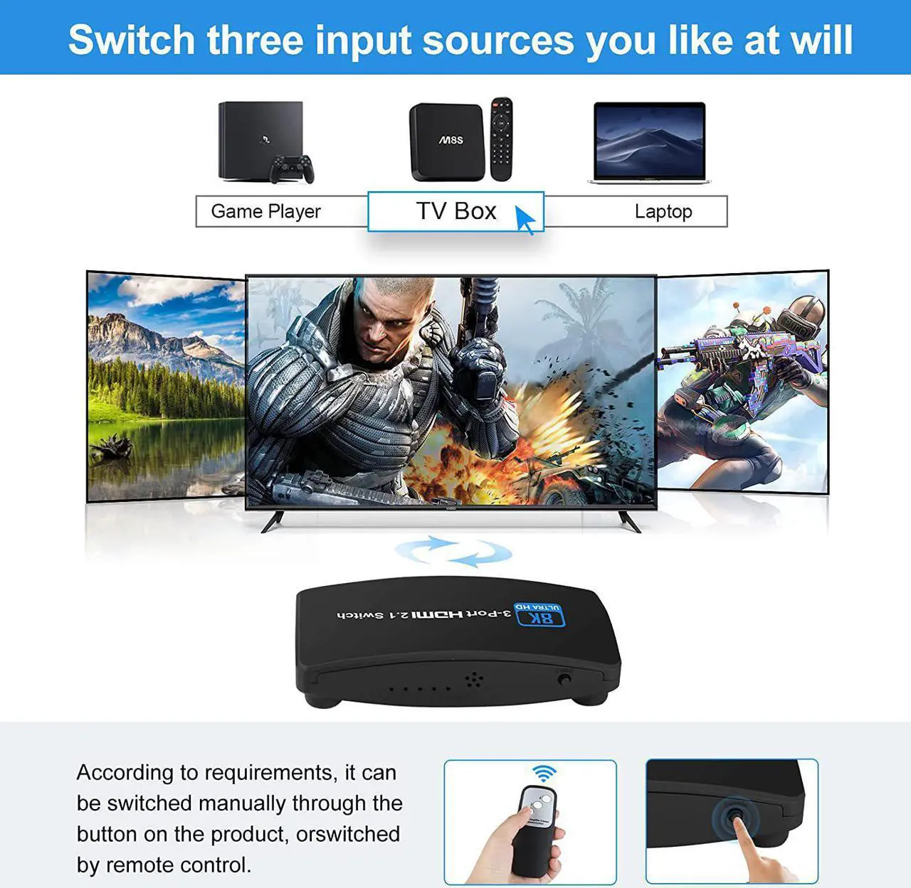 Alt view image 6 of 7 - HDMI 2.1 Switch 3 in 1 Out, 3-Port HDMI Switcher Selector, Supports 8K@60Hz 4K@120Hz, 1080P@240Hz, 1080P@120Hz for Fire Stick, HDTV, PS4/5, Game Consoles with Remote Controller
