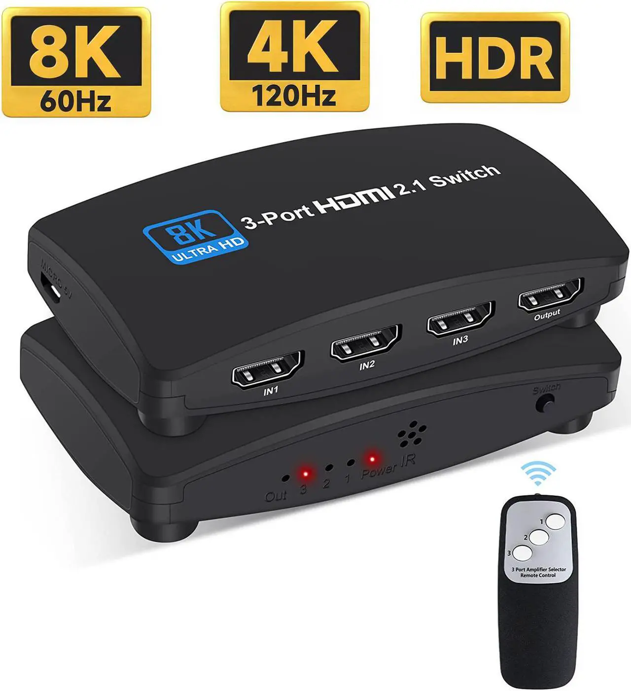 Main image of HDMI 2.1 Switch 3 in 1 Out, 3-Port HDMI Switcher Selector, Supports 8K@60Hz 4K@120Hz, 1080P@240Hz, 1080P@120Hz for Fire Stick, HDTV, PS4/5, Game Consoles with Remote Controller