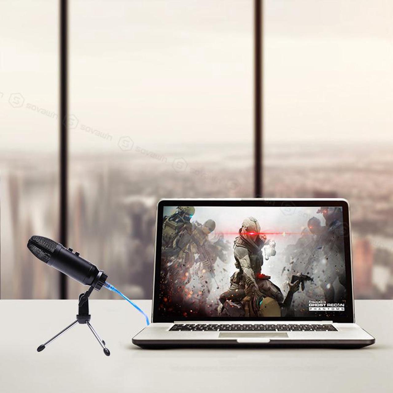 Alt view image 6 of 7 - SOVAWIN Multi-function USB Condenser Microphone Studio Professionnel Cardioid Microphone Karaoke Monitor Reverb with Tripod for Computer