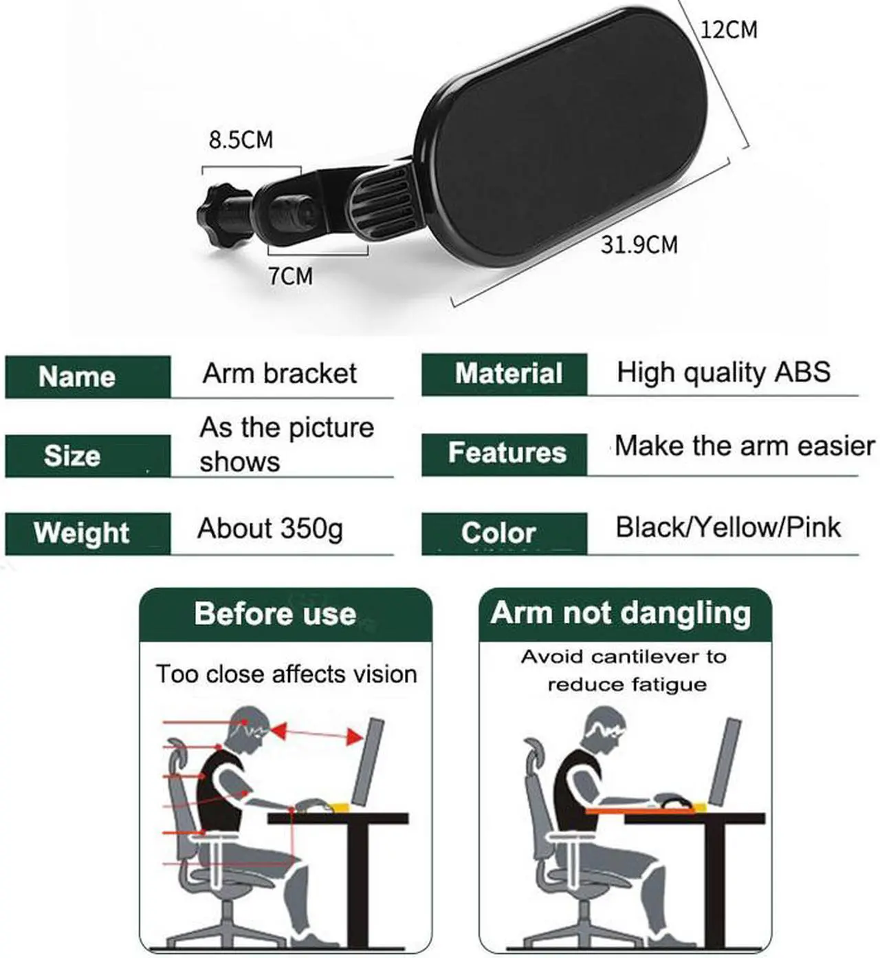 Alt view image 5 of 5 - Rotating Computer Arm Support Ergonomic Adjustable PC Wrist Rest Extender Desk Hand Bracket Shoulder Pad Mount Office Mouse Pad