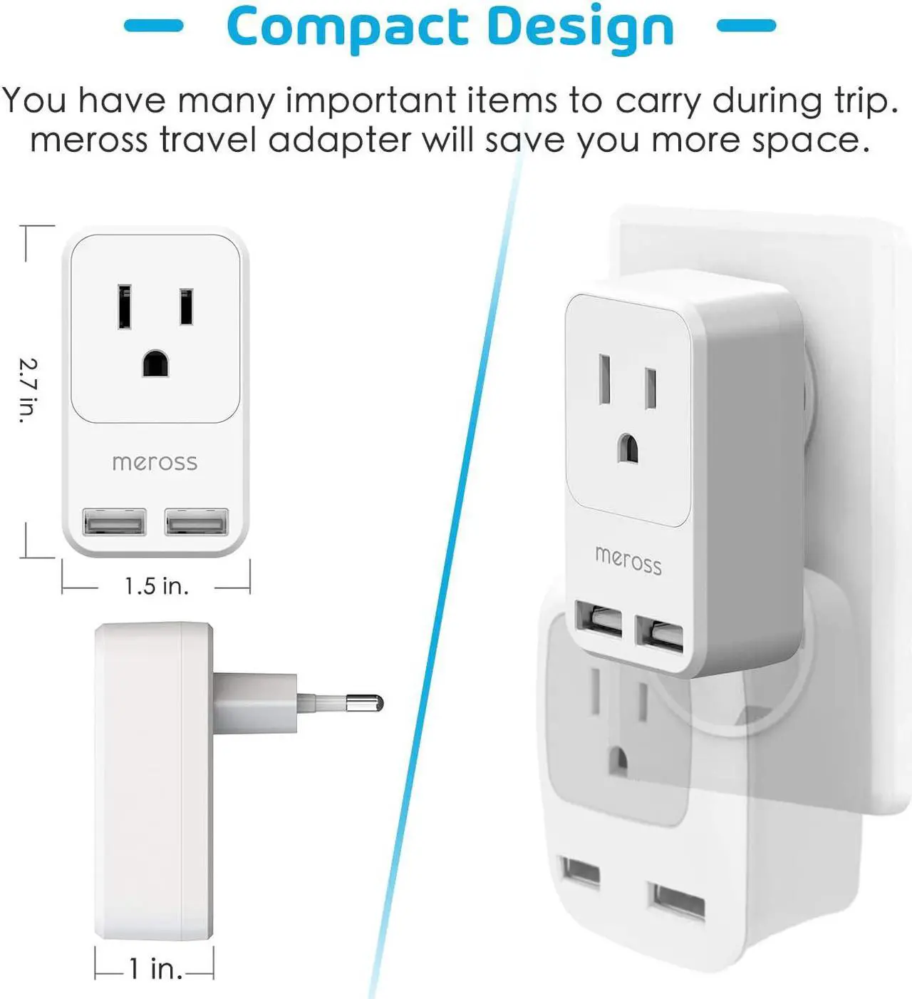 Alt view image 4 of 7 - [2 Pack] Travel Plug Adapter, Meross International Power Plug with 2 USB, USA to Most Europe Outlet Adapter, Lightweight, Compact Size, Power Adapter for EU Type C Country - 2 Pack
