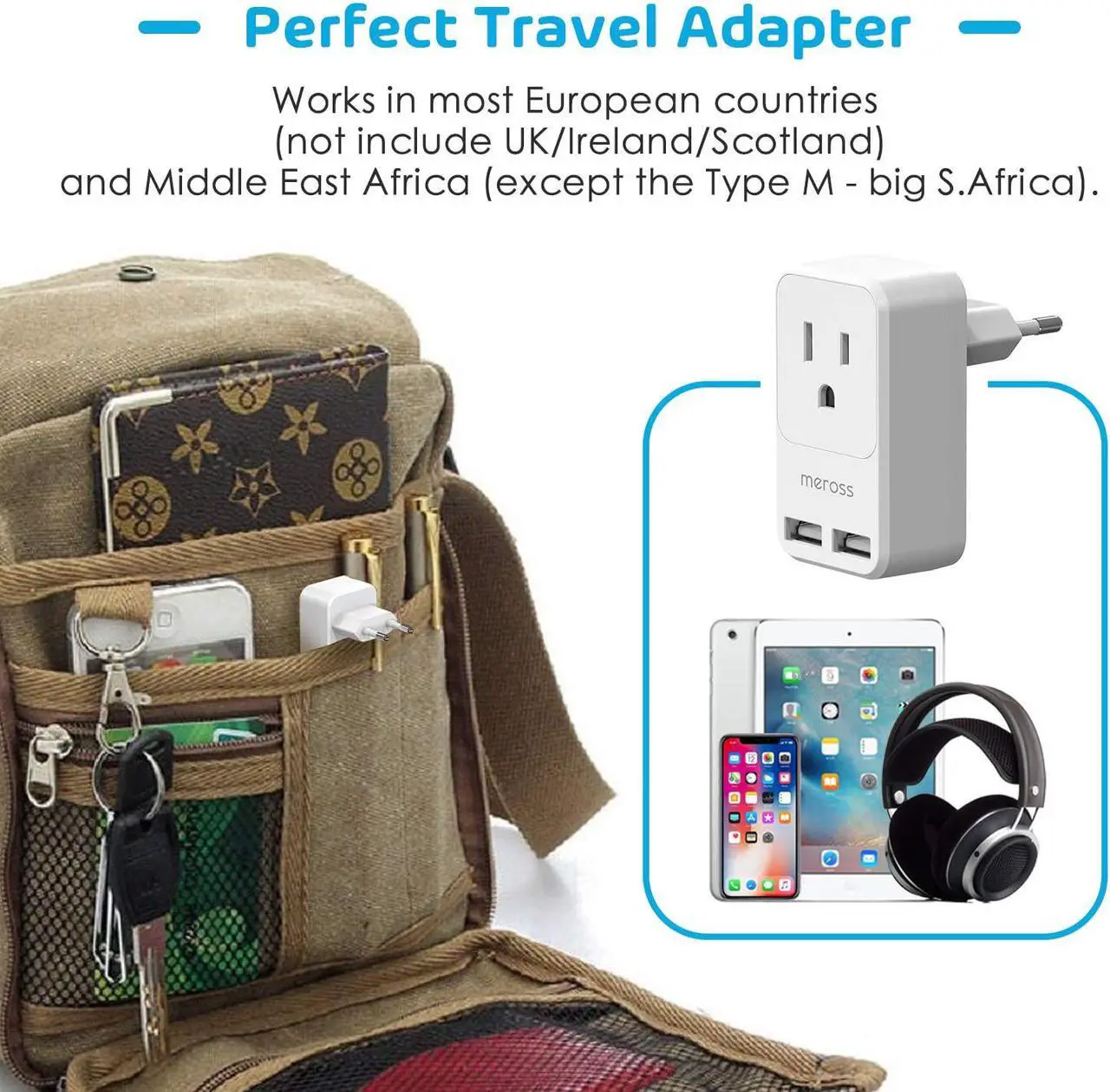 Alt view image 7 of 7 - [2 Pack] Travel Plug Adapter, Meross International Power Plug with 2 USB, USA to Most Europe Outlet Adapter, Lightweight, Compact Size, Power Adapter for EU Type C Country - 2 Pack
