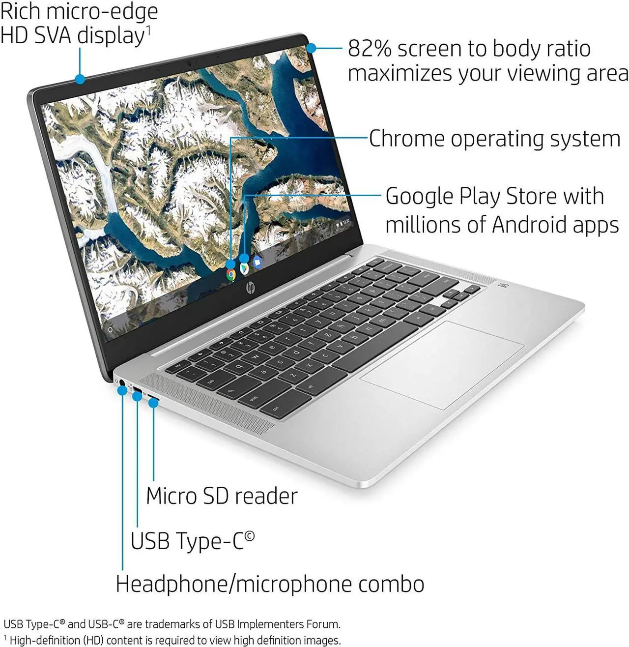 Alt view image 2 of 5 - HP Chromebook 14a-na0010nr 14" HD WLED Laptop Intel Celeron N4020 1.10GHz up to 2.80GHz Intel UHD Graphics 600 4GB LPDDR4-2400 SDRAM 32GB eMMC Backlit KB, Chrome OS