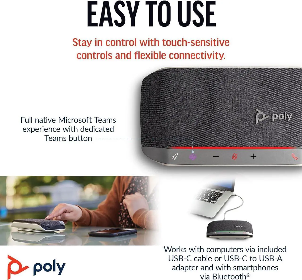 Alt view image 5 of 7 - Poly Sync 20 USB-C Personal Portable Smart Speakerphone (Plantronics)  Long Battery Life  Noise/Echo Reduction -Works w/Teams (Certified), Zoom, PC, Mac, Mobile  Amazon Exclusive