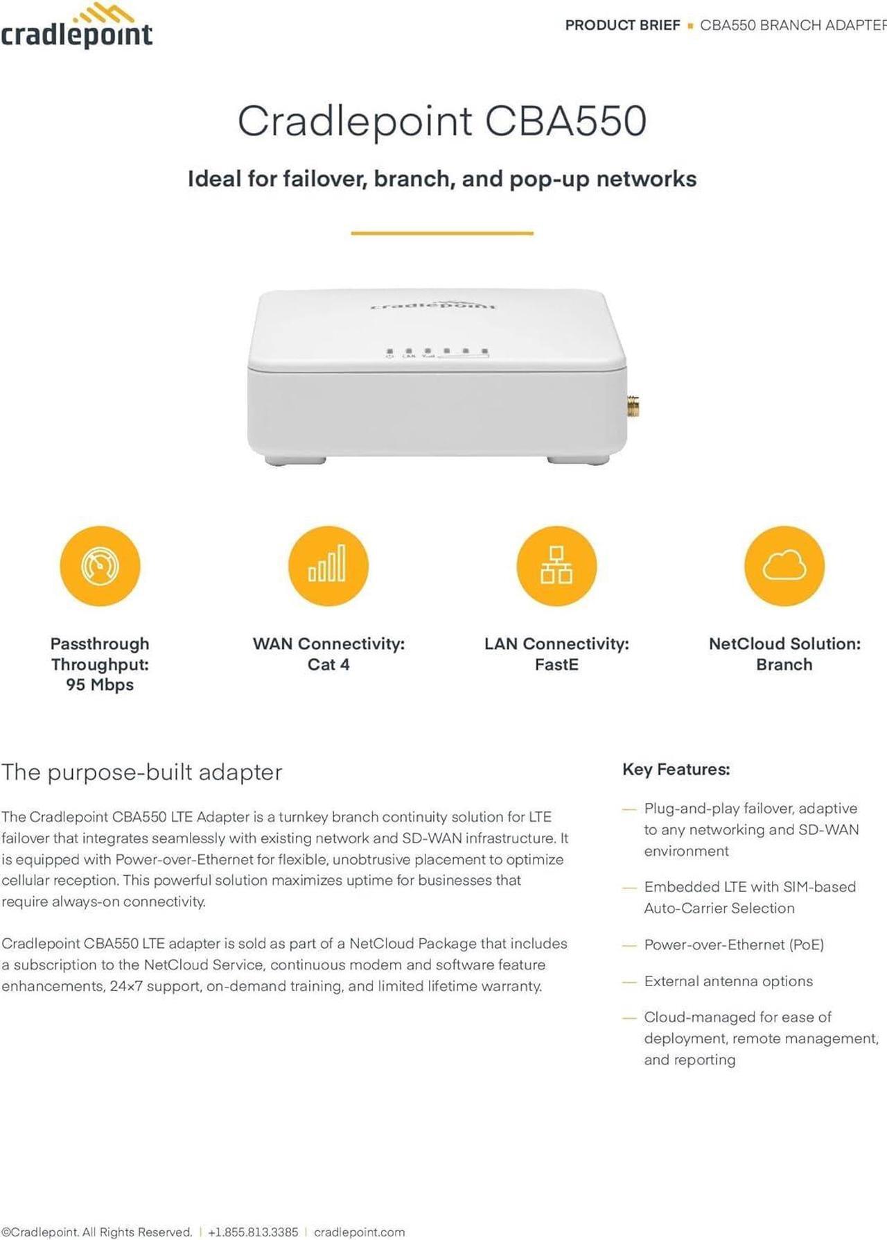 Alt view image 2 of 3 - Cradlepoint CBA550 Adapter (150M-D Modem) with 1-yr NetCloud Essentials for Branch LTE Adapters (Standard) with Support