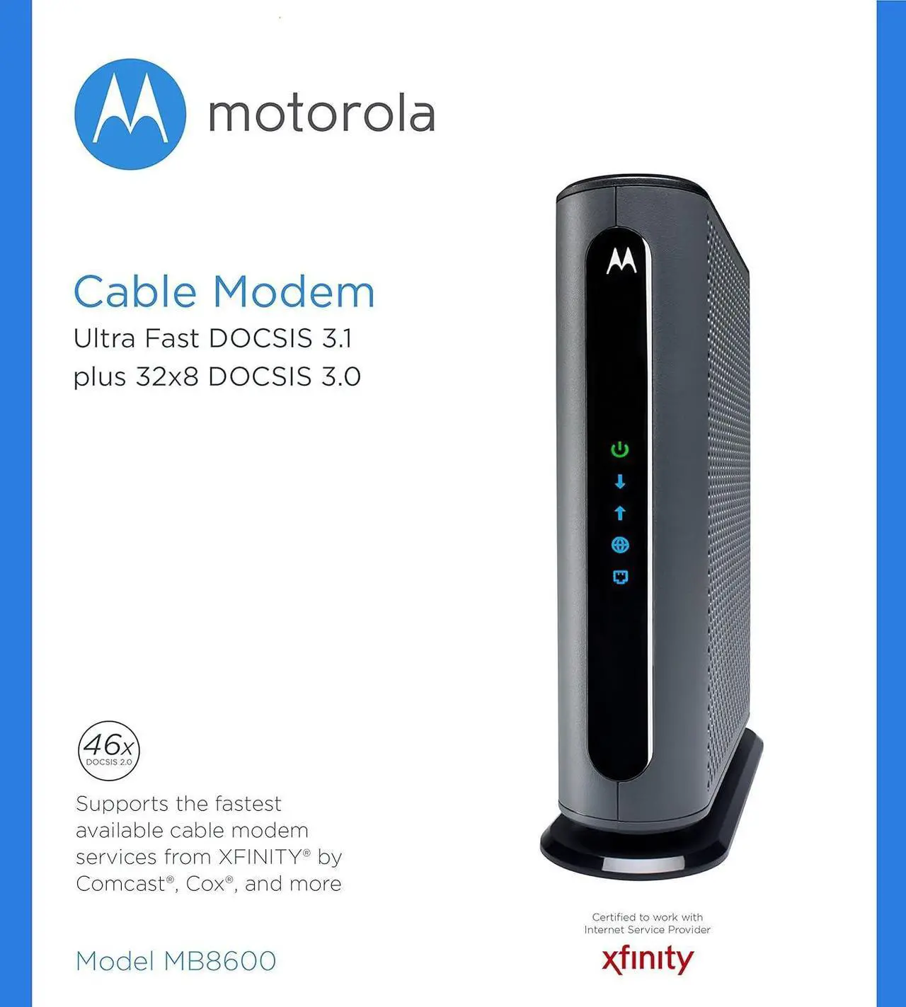 Alt view image 2 of 3 - Motorola MB8600 DOCSIS 3.1 Gig-Speed Cable Modem Plus 32x8 DOCSIS 3.0. Approved by Comcast Xfinity, Cox, and More, Gray
