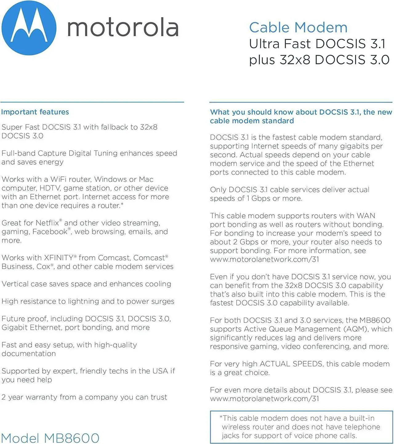 Alt view image 3 of 3 - Motorola MB8600 DOCSIS 3.1 Gig-Speed Cable Modem Plus 32x8 DOCSIS 3.0. Approved by Comcast Xfinity, Cox, and More, Gray