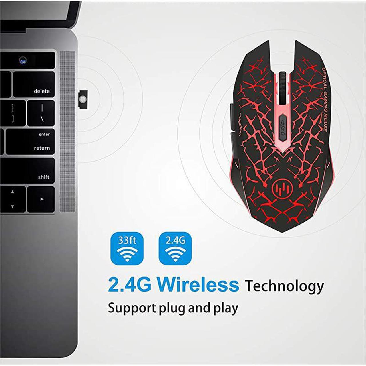 Alt view image 5 of 7 - K6 Wireless Gaming Mouse Rechargeable Silent LED Optical Computer Mice with USB Receiver 3 Adjustable DPI Level and 6 Buttons Auto Sleeping Compatible LaptopPCNotebook Red Light