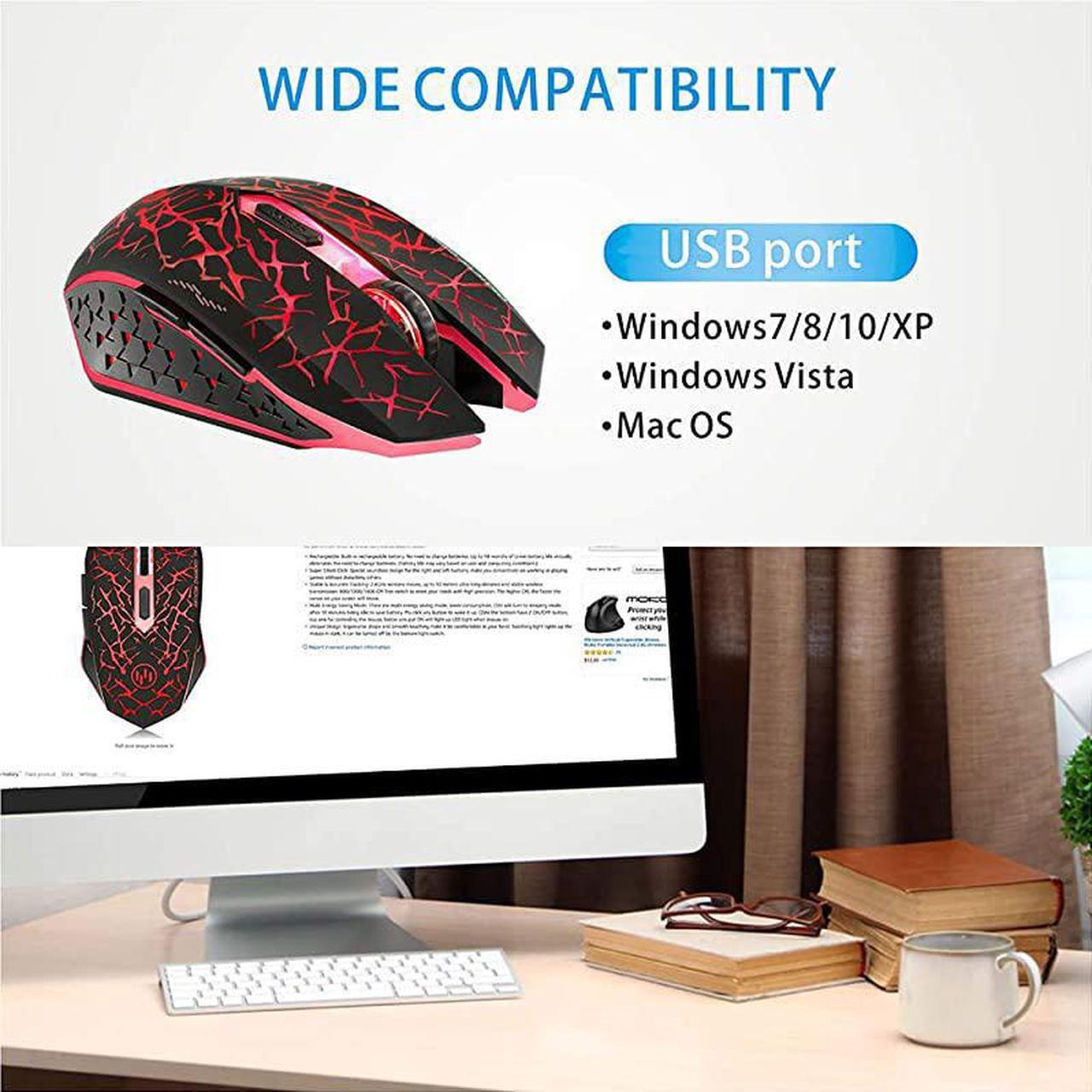 Alt view image 7 of 7 - K6 Wireless Gaming Mouse Rechargeable Silent LED Optical Computer Mice with USB Receiver 3 Adjustable DPI Level and 6 Buttons Auto Sleeping Compatible LaptopPCNotebook Red Light