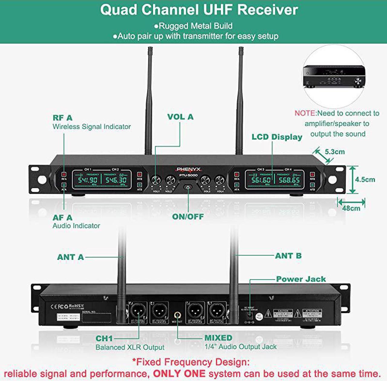 Alt view image 2 of 6 - Wireless Microphone System,  4-Channel UHF Cordless Mic Set With Four Handheld Mics, All Metal Build, Fixed Frequency, Long Range 260ft, Ideal for Church,Karaoke,Weddings, Events (PTU-5000A)
