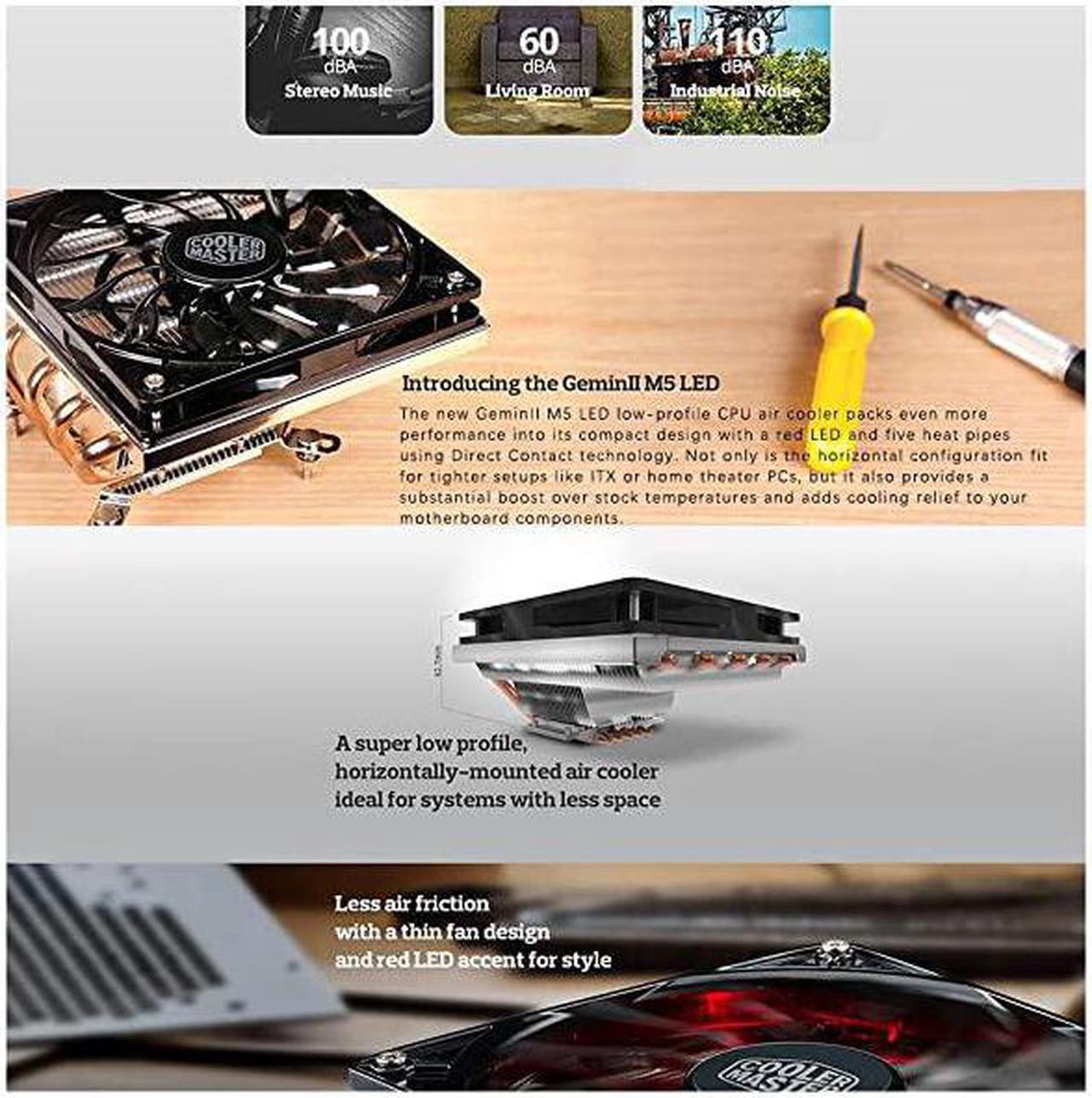 Alt view image 5 of 7 - Master GeminII M5 LED 2U Low Profile CPU with 5 Direct Contact Heatpipes XtraFlo 120 Slim Fire Red LED PWM Cooling Fan for Intel AMD RRT52016PK GeminII M5