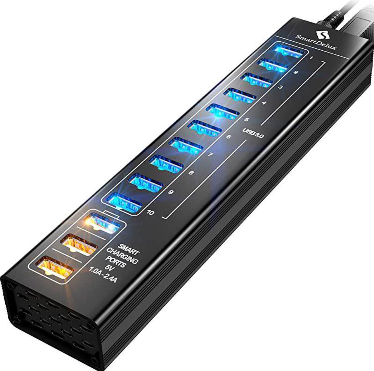 Powered USB Hub - 13-Port USB 3.0 Hub with 10 USB 3.0 Ports, 3 Smart Charging Ports, Power Adapter, Long Cord, LEDs - Black Aluminum