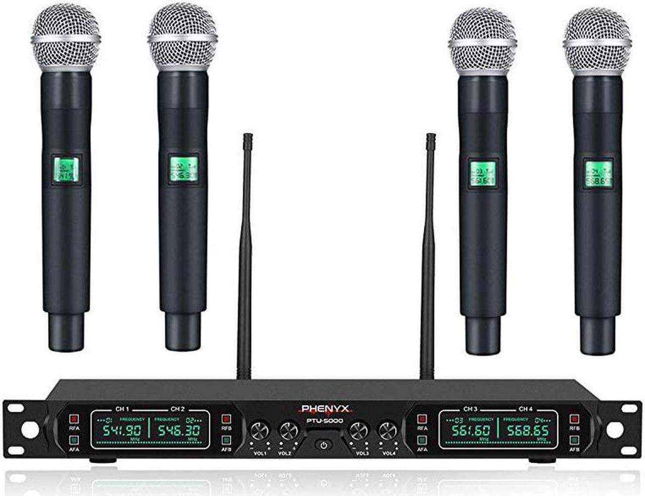 Main image of Wireless Microphone System,  4-Channel UHF Cordless Mic Set With Four Handheld Mics, All Metal Build, Fixed Frequency, Long Range 260ft, Ideal for Church,Karaoke,Weddings, Events (PTU-5000A)
