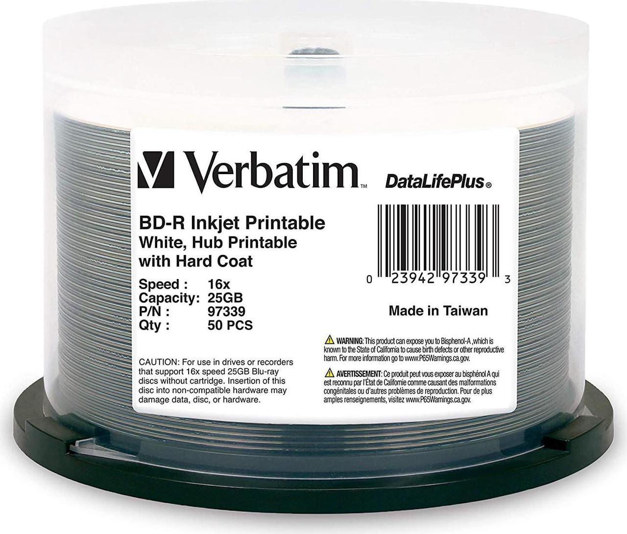 Verbatim BD-R 25GB 16X DataLifePlus White Inkjet Printable, Hub Printable - 50pk Spindle