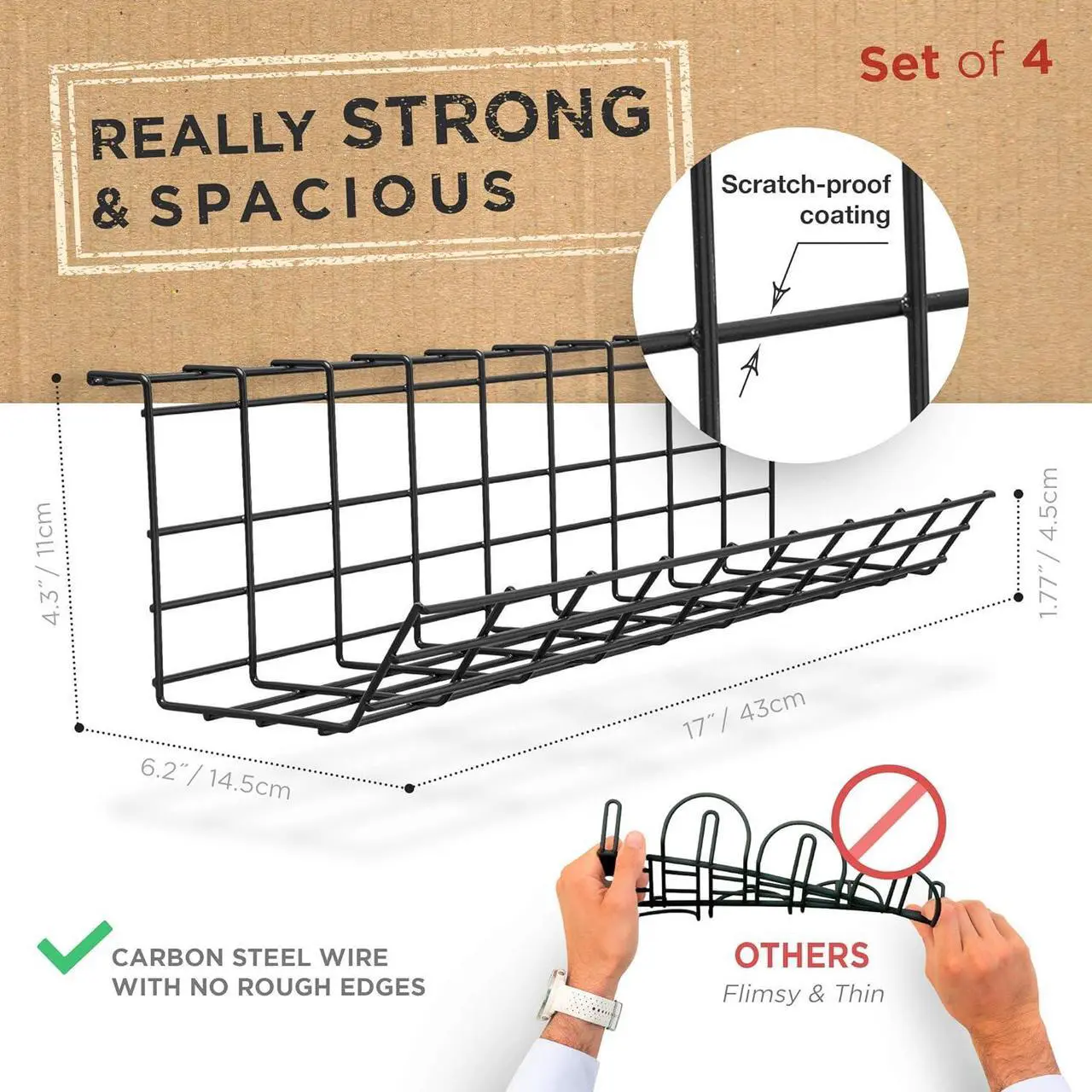Alt view image 3 of 7 - Under Desk Cable Management Tray, Cord Organizer for Desk, Cable Organizer, Wire Organizer, Cord Management, Cable Management Under Desk, Wire Holders for Desk - Black Cable Tray - Set of 4X 17