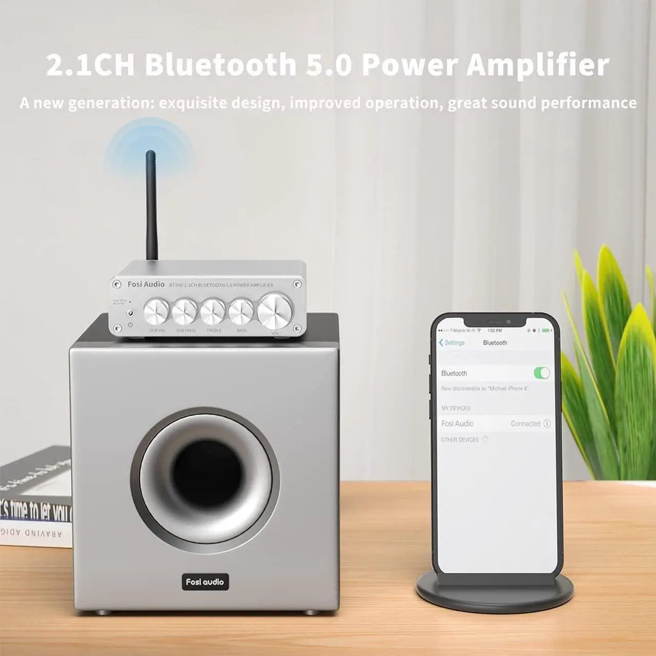 Alt view image 3 of 7 - Audio BT30D-S Bluetooth 5.0 Stereo Audio Receiver Amplifier 2.1 Channel Mini Hi-Fi Class D Integrated Amp 50 Watt x2+100 Watt for Home Outdoor Passive Speakers/Subwoofer Powered Subwoofer
