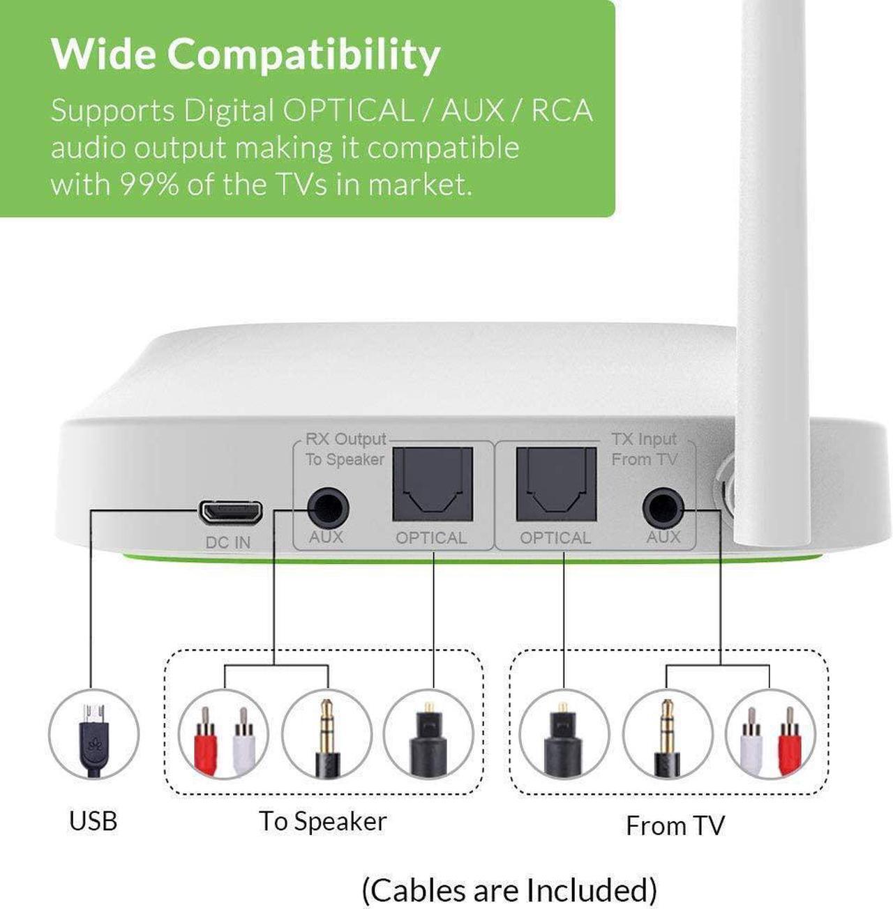 Alt view image 7 of 7 - Avantree Oasis B Bluetooth 5.0 Transmitter Receiver for TV, Home Stereo Speakers, Bypass Mode, Class 1 Long Range, LED Indicator, Optical AUX RCA, aptX Low Latency Audio Adapter for 2 Headphones