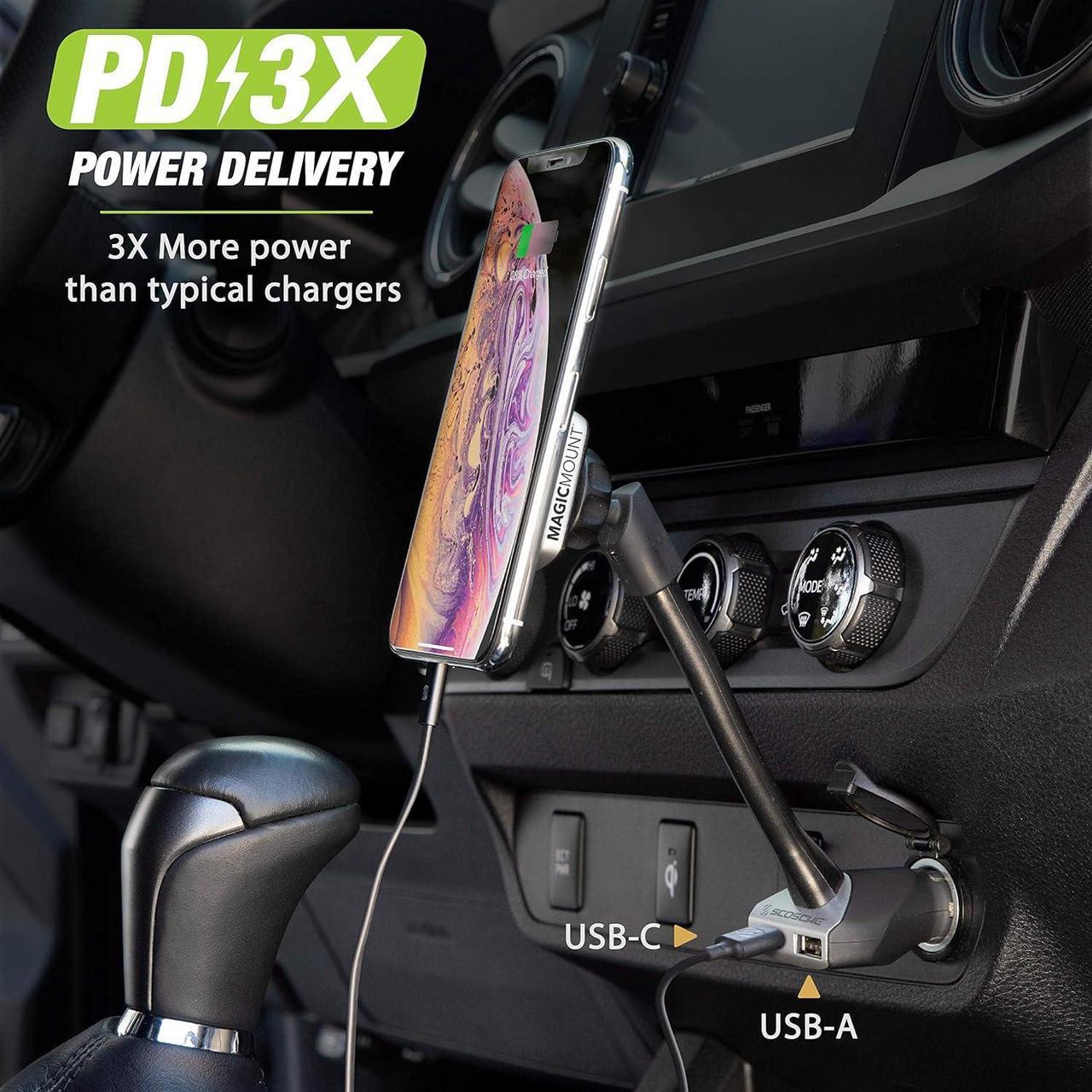 Alt view image 5 of 7 - Scosche MP12VPD2-XTSP MagicMount Pro Magnetic Phone/GPS Car Mount 30W Dual Port Type-C + Type-A Cell Phone Charger, Cigarette Lighter Phone Holder, Compatible with Apple iPhone & More, Black/Silver