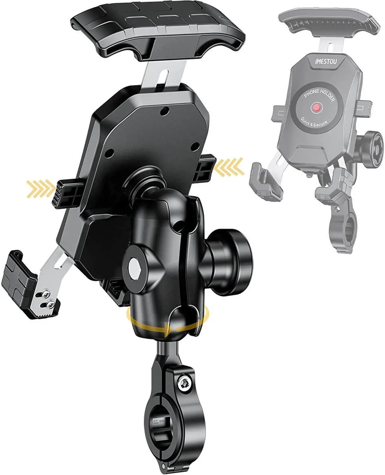 Main image of iMESTOU Anti-Theft Motorcycle Phone Mount Bike 1 Ball Phone Holder Handlebar Double Socket Arm Cellphone Holder with Aluminum 1" Ball Base 360 Rotation Universal for 4.0-7.0 Inch Smartphones