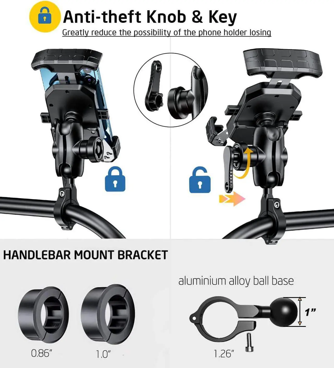 Alt view image 2 of 7 - iMESTOU Anti-Theft Motorcycle Phone Mount Bike 1 Ball Phone Holder Handlebar Double Socket Arm Cellphone Holder with Aluminum 1" Ball Base 360 Rotation Universal for 4.0-7.0 Inch Smartphones