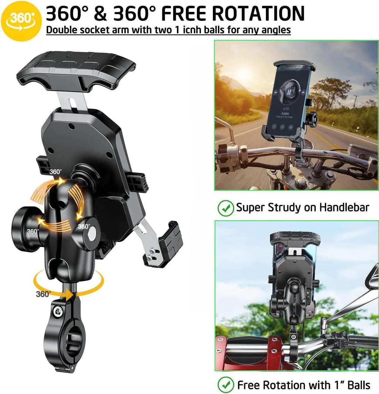 Alt view image 4 of 7 - iMESTOU Anti-Theft Motorcycle Phone Mount Bike 1 Ball Phone Holder Handlebar Double Socket Arm Cellphone Holder with Aluminum 1" Ball Base 360 Rotation Universal for 4.0-7.0 Inch Smartphones