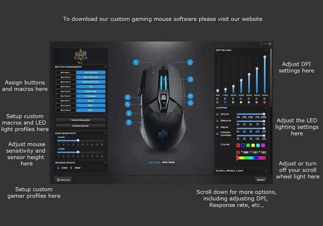 Alt view image 4 of 5 - MOJO Pro Performance Silent Gaming Mouse - Wired Gaming Mouse w/ 9 Programmable Buttons including Sniper (rapid fire) key, 12000 DPI, 1000 Hz, Force Adjustable Buttons, Custom Gamer Profiles, and more
